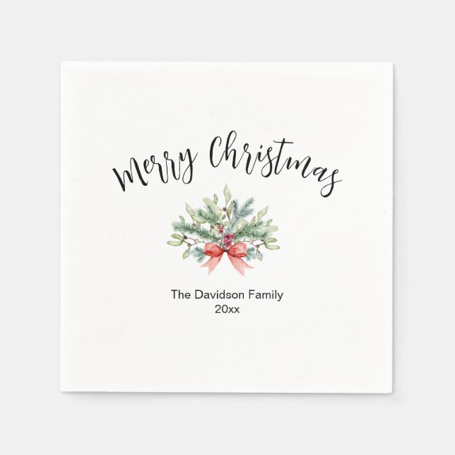 Serviette En Papier Calligraphie Joyeux Noël Vert Famille (Devant)