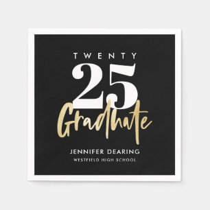 Serviette En Papier Calligraphie Or moderne Photo Graduation Noire
