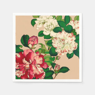 Serviette En Papier Camélias japonais vintages. Rose-foncé sur le