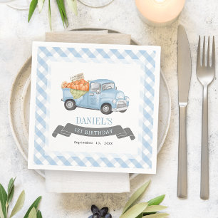 Serviette En Papier Camion Citrouille bleu En vichy Garçon 1er anniver