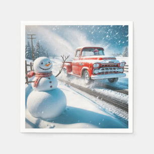 Serviette En Papier Camion Red Retro de Noël avec Snowman