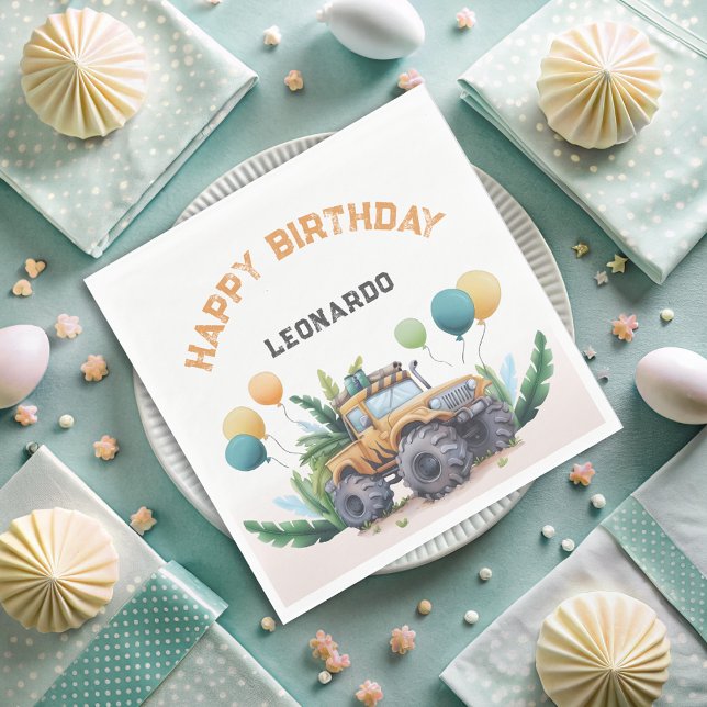 Serviette En Papier Camion Safari Monster Avec Ballons Joyeux Annivers (Créateur téléchargé)