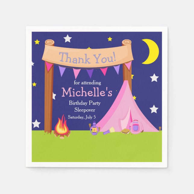 Serviette En Papier Camping Anniversaire Dormir rose et violet (Devant)