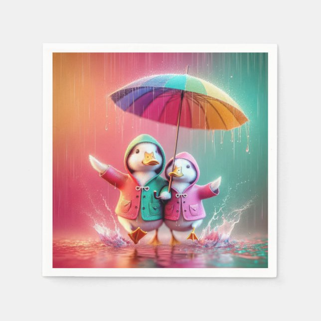 Serviette En Papier Canards Blancs Marchant Dans La Pluie (Devant)