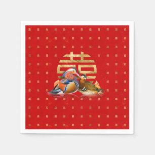 Serviette En Papier Canards mandarins et bonheur double sur rouge