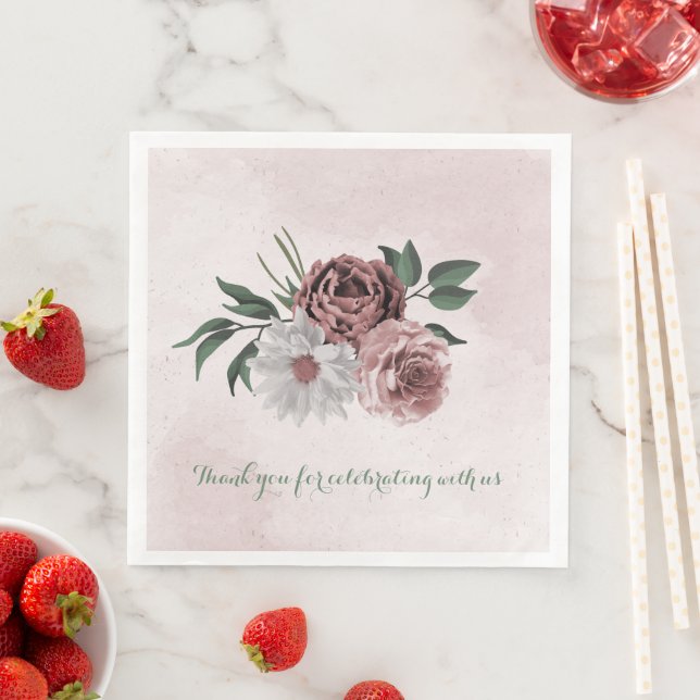 Serviette En Papier cannelle rose rose blanc fleuri mariage (En situation)