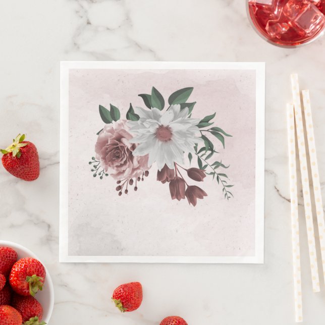 Serviette En Papier cannelle rose rose blanc fleuri mariage (En situation)