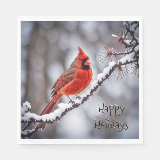 Serviette En Papier Cardinal de Noël à la Branche d'hiver (Devant)