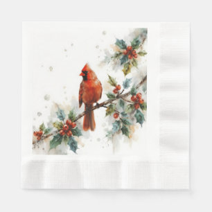 Serviette En Papier Cardinal de Noël et feuilles de houx