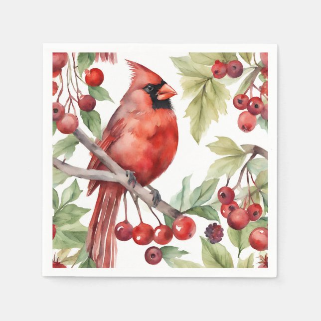 Serviette En Papier Cardinal Rouge et Branche de Berry Rouge Noël (Devant)
