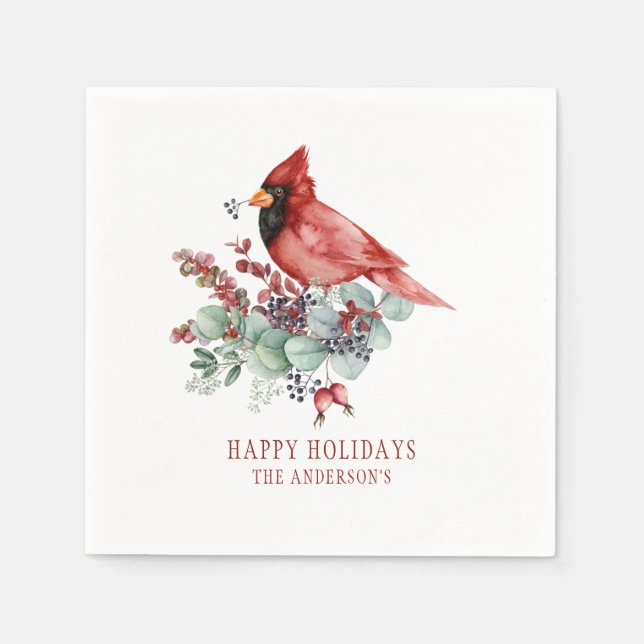 Serviette En Papier Cardinal Rouge Eucalyptus Baies rouges Noël (Devant)