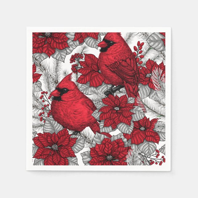 Serviette En Papier Cardinaux et poinsettia en rouge et blanc (Devant)