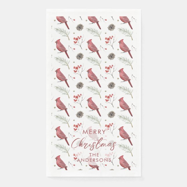 Serviette En Papier Cardinaux rouges et baies d'hiver Noël personnalis (Devant)
