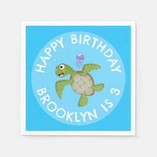Serviette En Papier Caricature joyeuse de tortue verte personnalisée