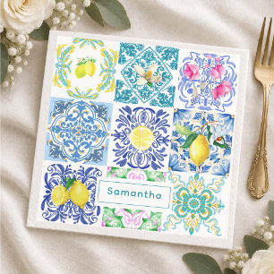 Serviette En Papier Carreau Méditerranéen Amalfi Sicilien Bleu Chic