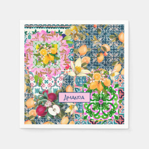 Serviette En Papier Carreaux floraux d'agrumes siciliens bleu chic