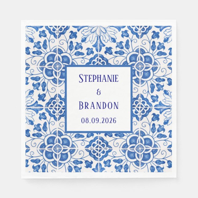 Serviette En Papier Carreaux portugais Mariage méditerranéen bleu (Devant)