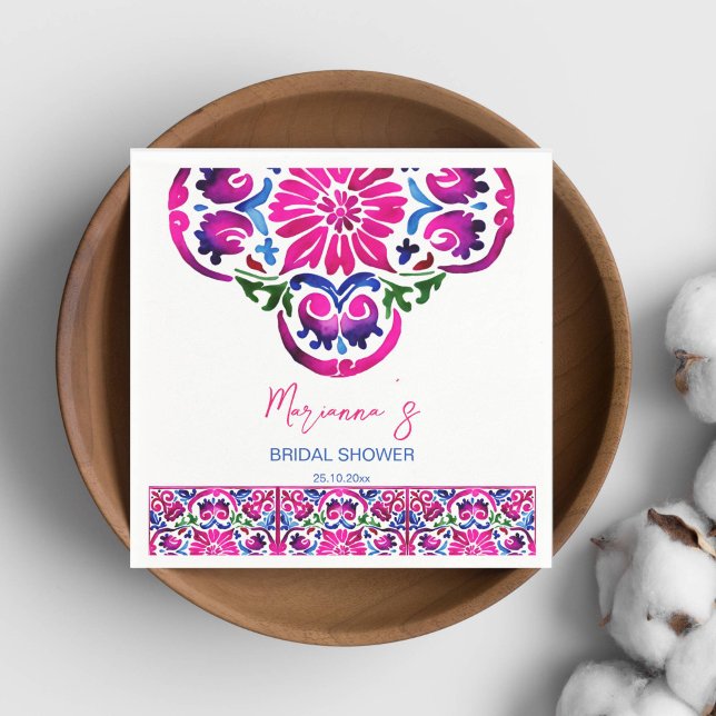 Serviette En Papier Carreaux rose bleu mexicain nuptiale douche vaisse (Pink blue Maxican Talavera tiles bridal shower tableware personalized napkins modern watercolor)