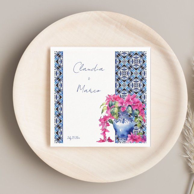 Serviette En Papier Carrelage bleu Bougainvillea mariage élégant (Blue French Tiles Bougainvillea elegant wedding printed Napkins template personalized tableware deco)