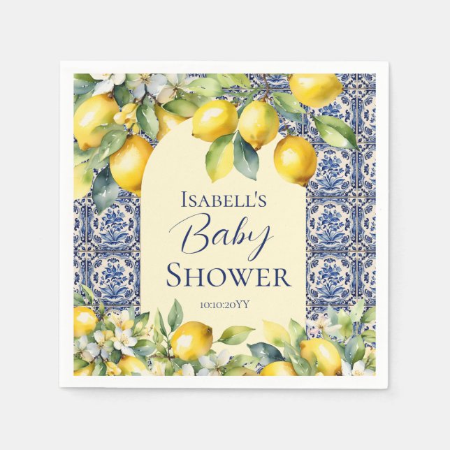 Serviette En Papier Carrelage bleu italien aquarelle citron bébé accue (Devant)