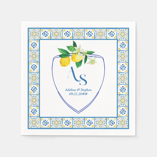 Serviette En Papier Carrelage bleu méditerranéen Italie Crest Citron M (Devant)