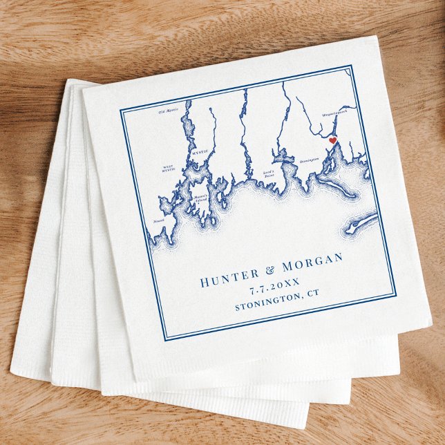Serviette En Papier Carte CT de Stonington Élégant Mariage bleu marine (Stonington CT Map Wedding cocktail napkins in elegant navy blue from Coastal Map Designs)