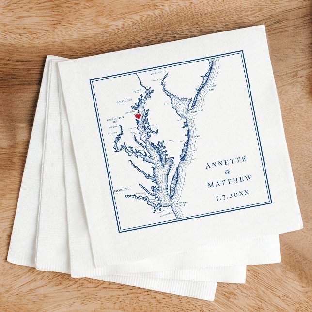 Serviette En Papier Carte de la baie Annapolis MD Chesapeake Mariage é (Annapolis MD Custom Wedding Napkins with Elegant Navy Blue Chesapeake Bay by Coastal Map Design)