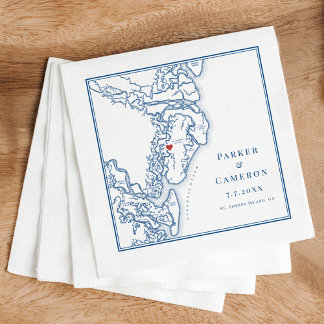 Serviette En Papier Carte de l'île St Simons GA Élégant Mariage bleu m