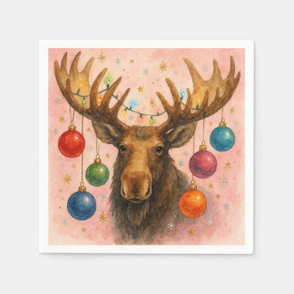 Serviette En Papier Carte de Noël à l'aquarelle d'élan.