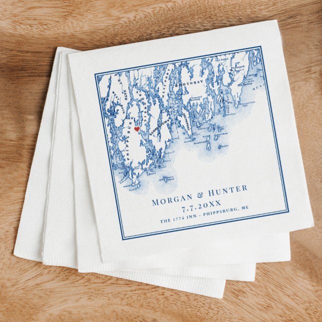 Serviette En Papier Carte de Phippsburg Maine Marine Mariage élégant (These Phippsburg Maine wedding napkins are perfect for your coastal 1774 Inn destination wedding)