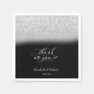 Serviette En Papier Carte de remerciement élégante argent bokeh noir