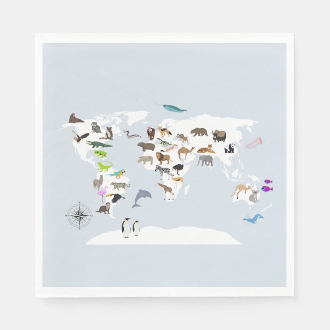 Serviette En Papier Carte du monde pour enfants Animaux (Devant)