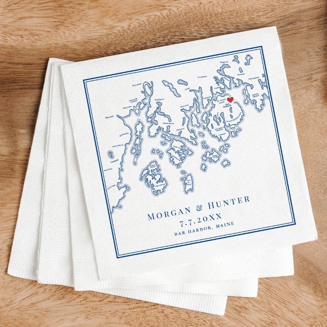 Serviette En Papier Carte du port du Maine Marine Mariage élégant (Bar Harbor Maine wedding napkins)