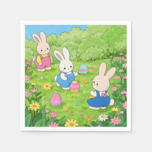 Serviette En Papier Cartoon lapins de Pâques cachant des oeufs dans un