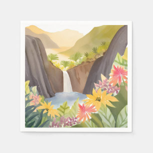 Serviette En Papier Cascade tropicale   Paysage aquarelle floral