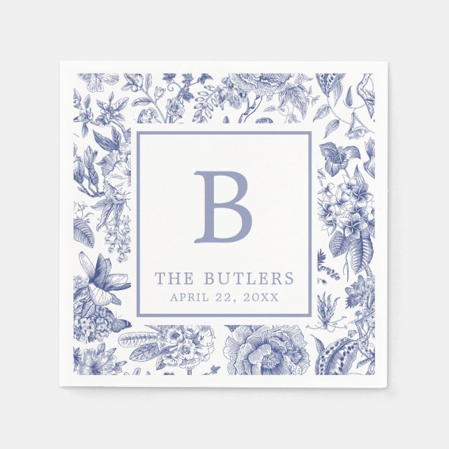 Serviette En Papier Casserole Floral bleu Chinoiserie Mariage initial (Devant)