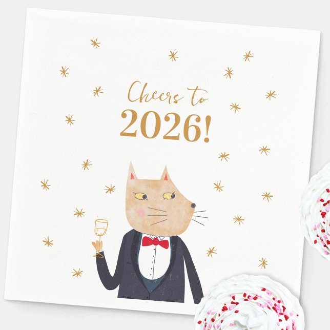 Serviette En Papier Cat Cheers to 2026 New Year (Fun Cat in a Tuxedo and Bow Tie New Year 2026 party paper napkin)
