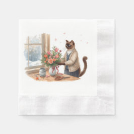 Serviette En Papier Cat is arranging Christmas Flowers