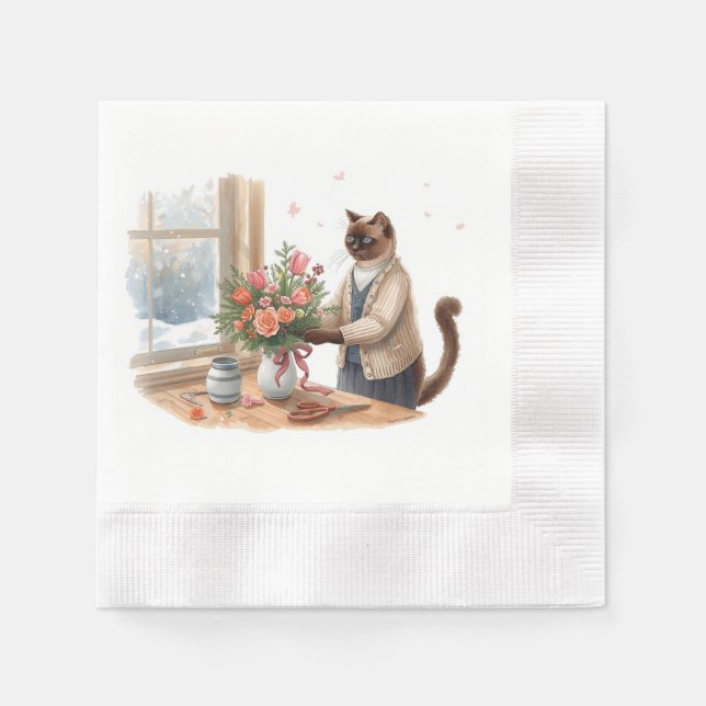 Serviette En Papier Cat is arranging Christmas Flowers (Devant)