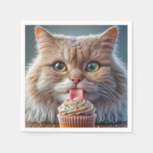 Serviette En Papier Cat Licking A Birday Cupcake