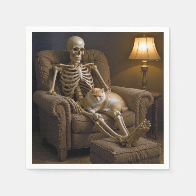 Serviette En Papier Cat On a Halloween Skeleton (Devant)