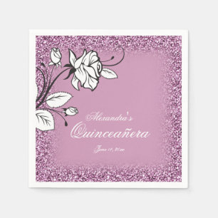Serviette En Papier Célébration de Quinceañera Roses Blanches Paillett