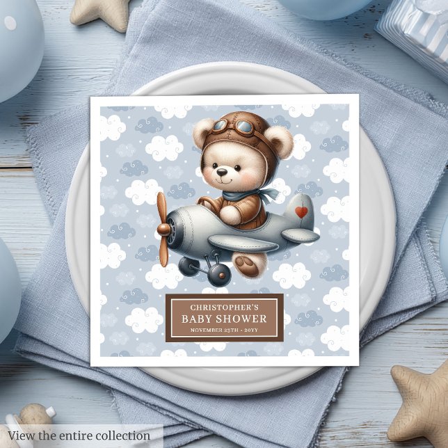 Serviette En Papier Célébration du Baby shower Teddy Bear Pilot Napkin (Teddy Bear Pilot Napkins for Baby Shower Celebration)
