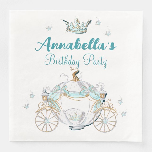 Serviette En Papier Cendrillon turquoise et or Princesse Carriage (Devant)