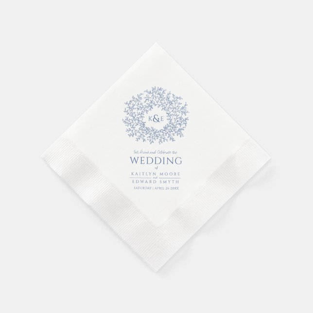 Serviette En Papier Cercle bleu feuille monogramme art mariage personn (Coin)