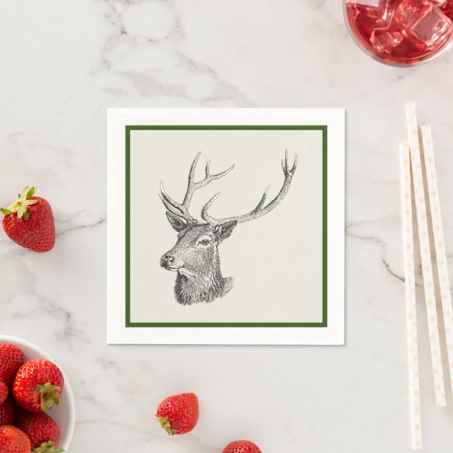 Serviette En Papier Cerf Buck Head avec Antlers Black and White Art (En situation)