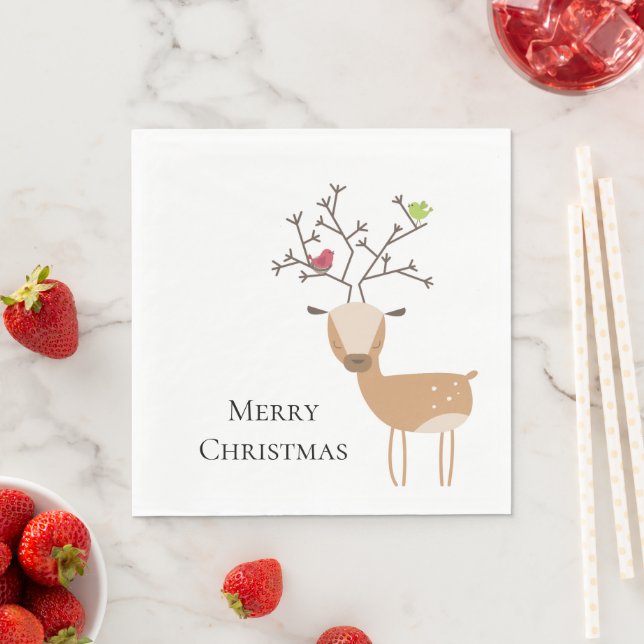 Serviette En Papier Cerf de Noël blanc aux oiseaux (En situation)