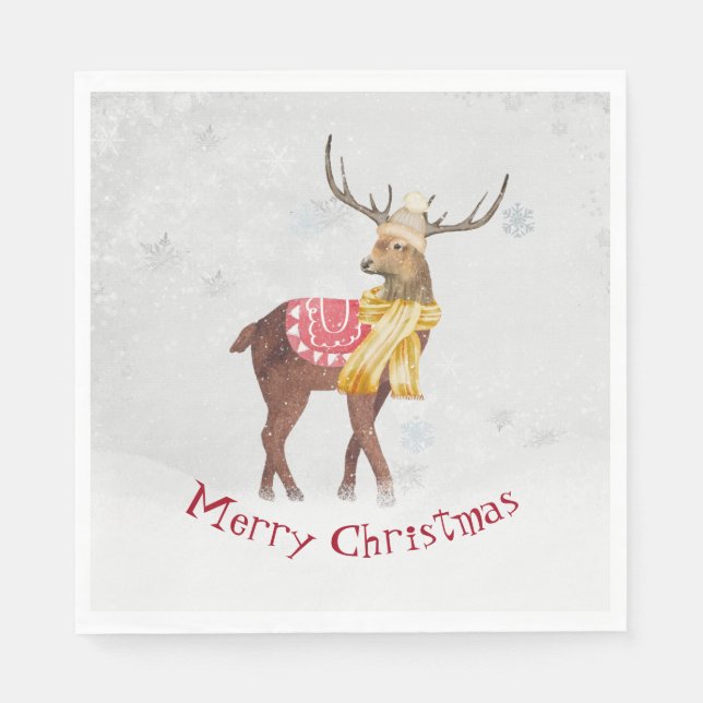 Serviette En Papier Cerf de Noël joyeux dans la neige (Devant)