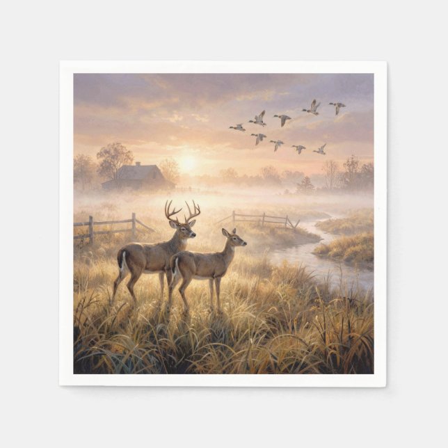 Serviette En Papier Cerfs et canards dans la brume matinale (Devant)