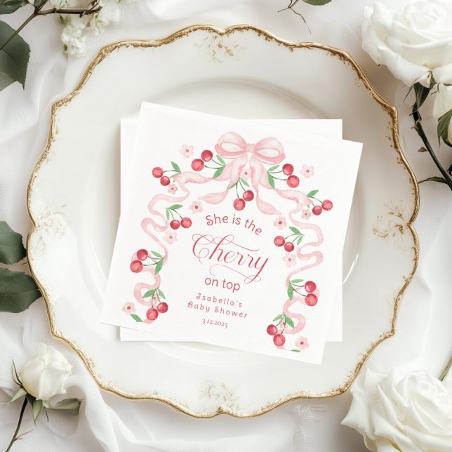 Serviette En Papier Cerise sur le Baby shower de coquette Bow rose (Créateur téléchargé)